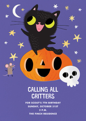 Purple card with smiling black cat sitting on a jack-o-lantern, alongside a happy ghost and mouse staring up at a crescent moon. Sitting on top of a yellow background.